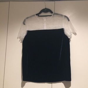 Sandro Paris blue velvet and white lace top